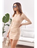 Geripptes Kleid, an den Seiten gerafft, Beige 12649 - Online-Shop - Boutique